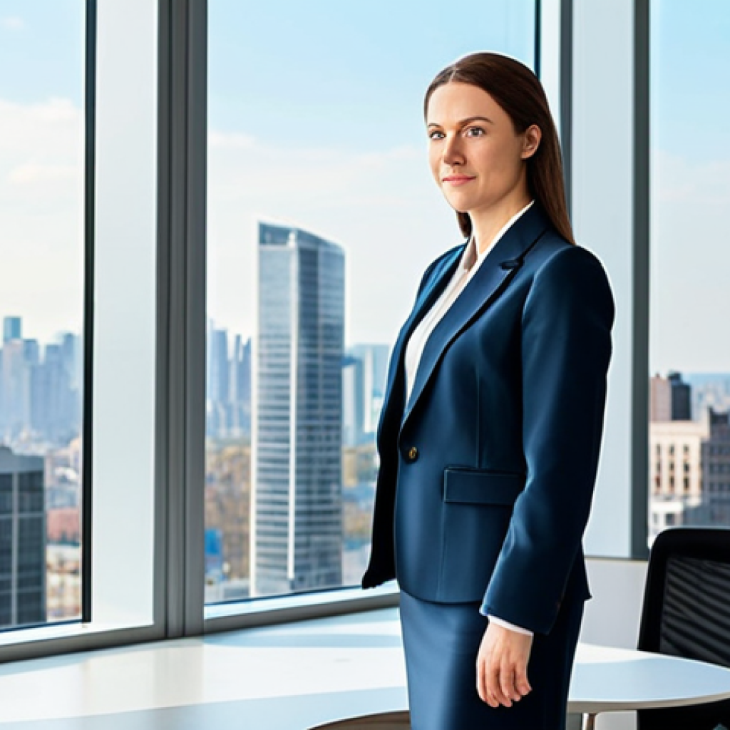 **

A professional businesswoman in a modest business suit, standing in a bright, modern office with large windows overlooking a city skyline, fully clothed, appropriate attire, safe for work, perfect anatomy, natural proportions, professional photography, high quality.

**