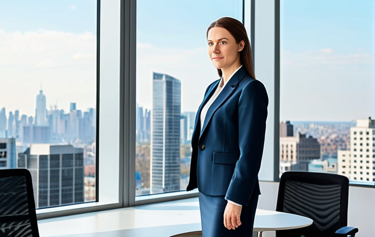 **

A professional businesswoman in a modest business suit, standing in a bright, modern office with large windows overlooking a city skyline, fully clothed, appropriate attire, safe for work, perfect anatomy, natural proportions, professional photography, high quality.

**