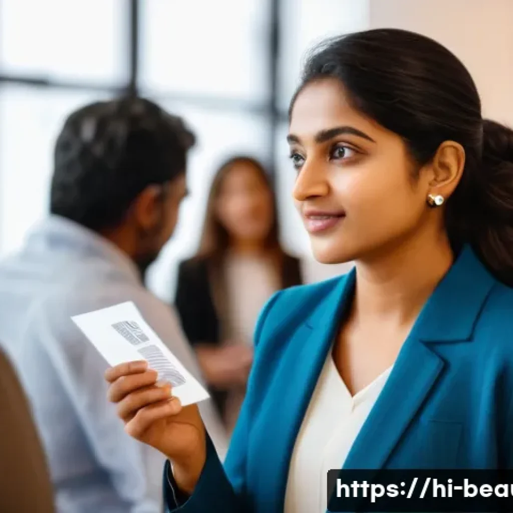 미용사 네트워킹 팁 - A professional Indian woman in a modern beauty industry setting, wearing stylish business attire and...