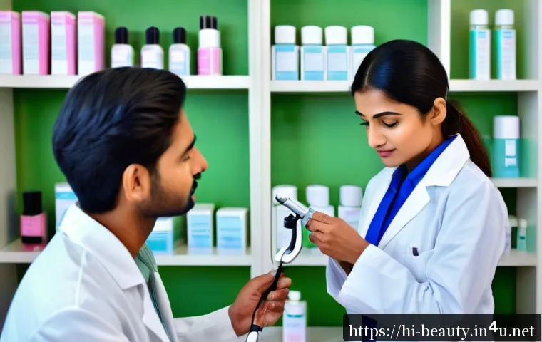 피부 미용사와 메이크업 아티스트 차이점 - A professional dermatologist clinic scene focused on a skilled Indian dermatologist in white medical...