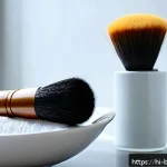 메이크업 필수 장비 및 도구 관리 - A detailed close-up of a professional makeup brush cleaning setup designed for Hindi-speaking users,...