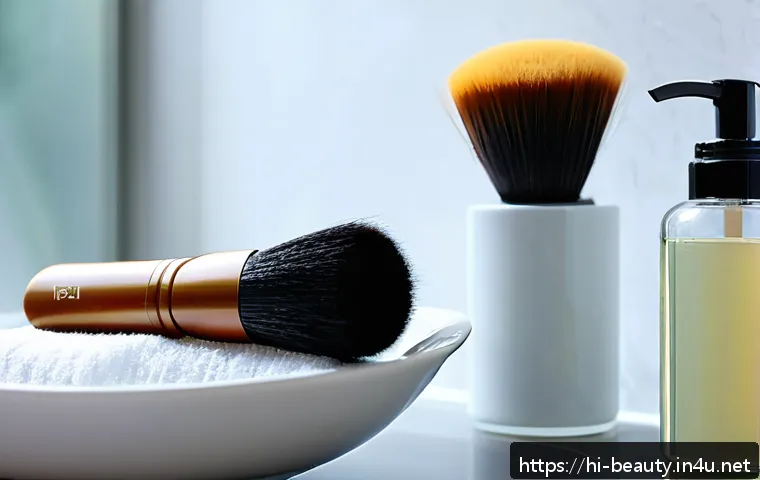 메이크업 필수 장비 및 도구 관리 - A detailed close-up of a professional makeup brush cleaning setup designed for Hindi-speaking users,...