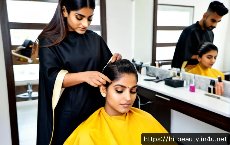 미용사 경력 쌓는 방법 - Photorealistic Indian hairstylist apprentice carefully practicing a precise layered haircut on a sea...